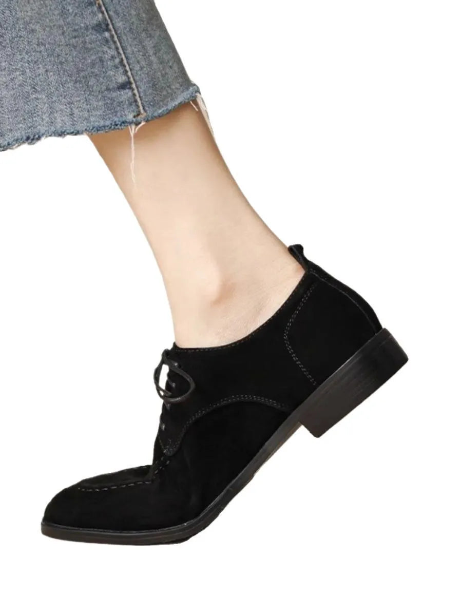 Women's retro suede lace-up deep mouth pumps with square toe and mid heel in black