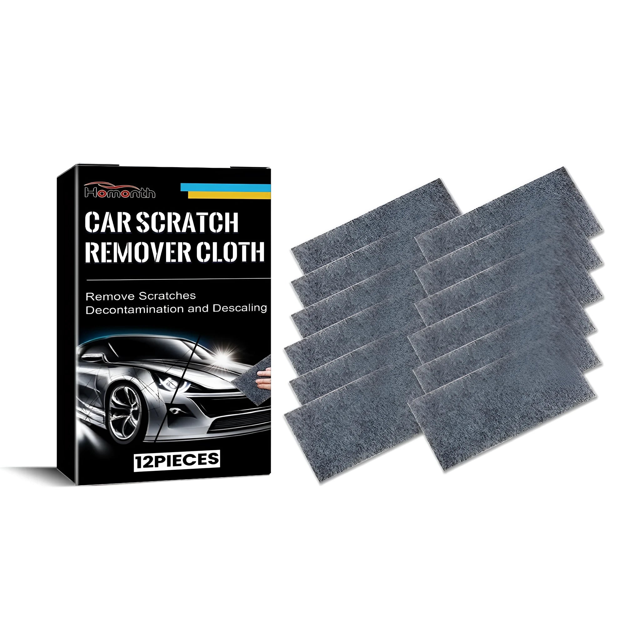 Pack of twelve white car scratch remover cloths each measuring 10 by 20 centimetres.