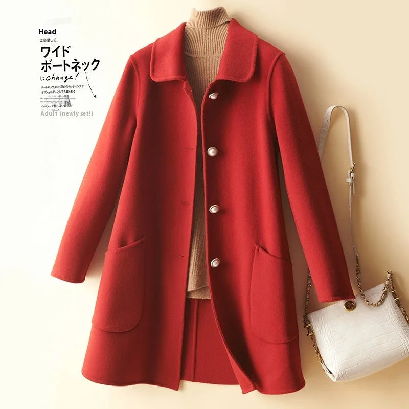 Women's wool mid-length coat with doll collar and pearl buckle in solid colour options