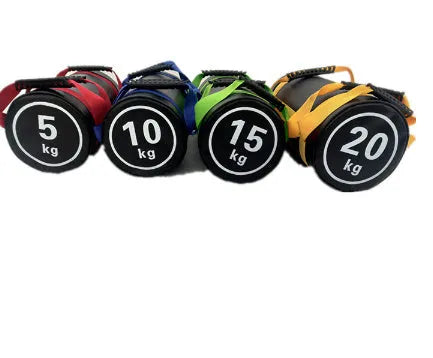 White PVC training sandbag for fitness and weight lifting, shown with weight options from 5KG to 30KG.