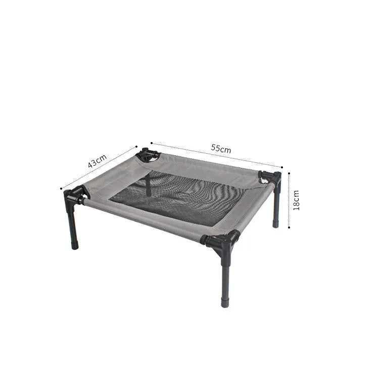 Black oxford cloth outdoor dog bed with steel frame measuring 55cm wide for camping and travel