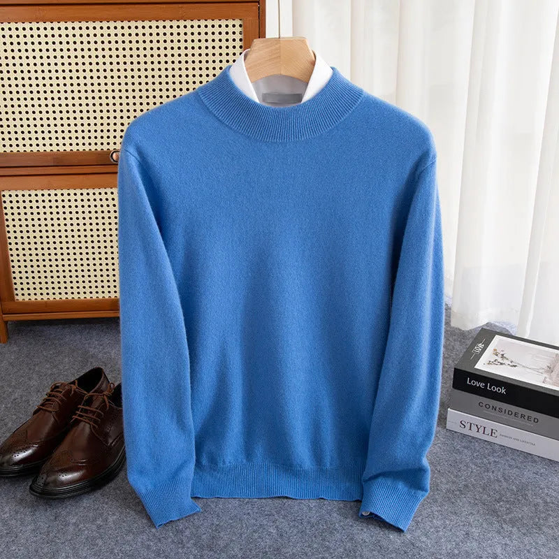 Men's half-turtleneck wool sweater in loose winter business style with thick rough yarn knit