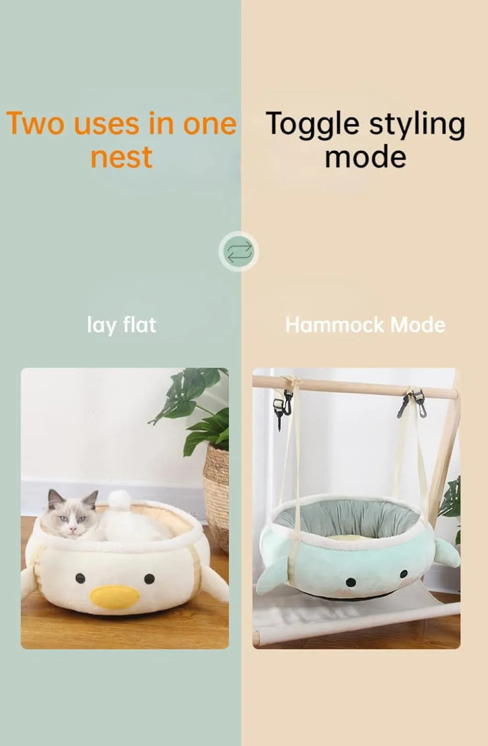 Green chick dinosaur shape cat bed with hanging straps that converts to pet hammock