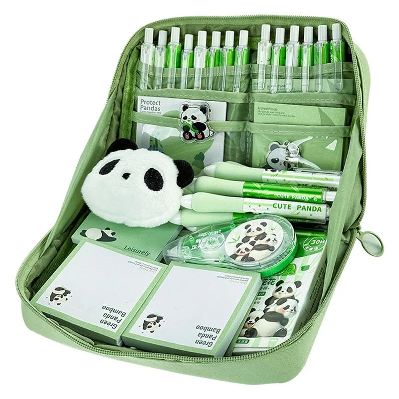 Green canvas pencil case with 12-layer panda design and multiple compartments for stationery organisation