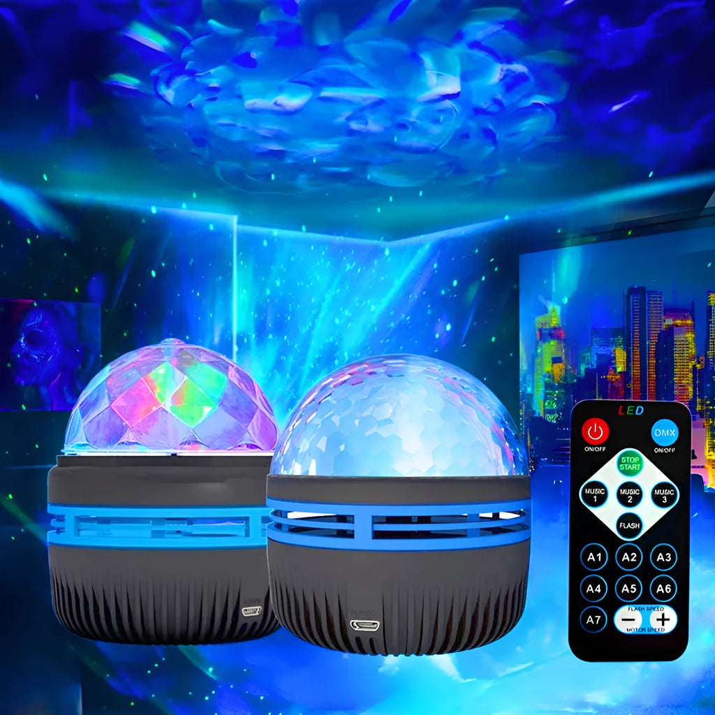 LED star galaxy projector lamp with colourful rotating patterns on a bedroom table