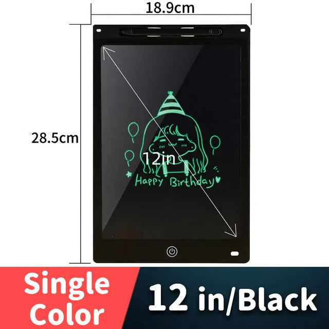 LCD drawing tablet for kids in light blue, showing colourful lines drawn with a plastic stylus.