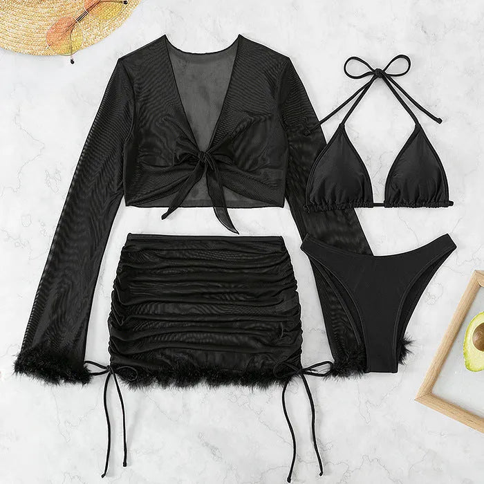 Black women's bikini set with long sleeves and briefs bottom for swimming