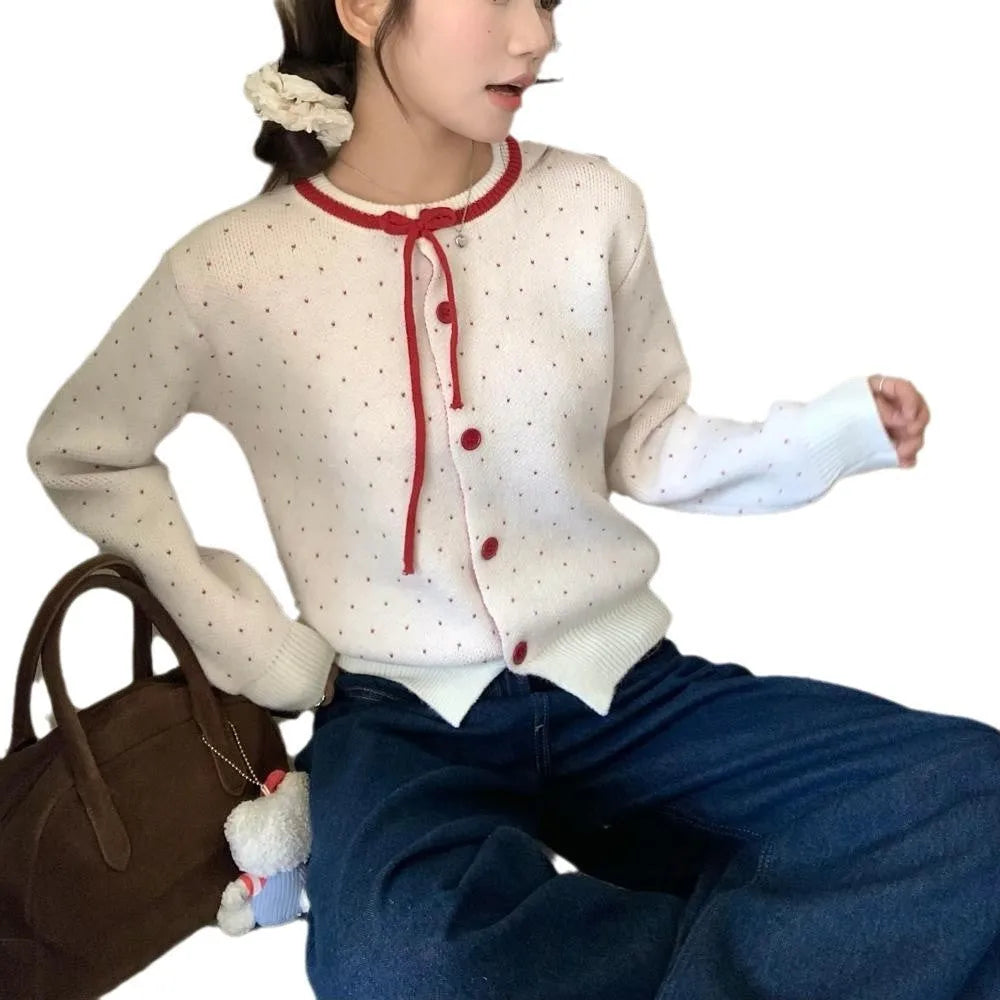Women's polka dot jacquard lace-up single-breasted knitted sweater cardigan in loose fit