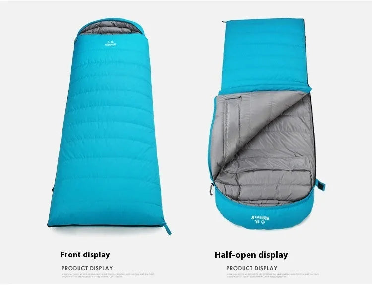 Black outdoor down sleeping bag with envelope structure for adult campers.