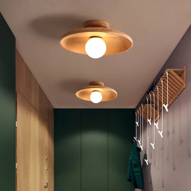 Solid wood and glass ceiling lamp in minimalist design with LED lighting