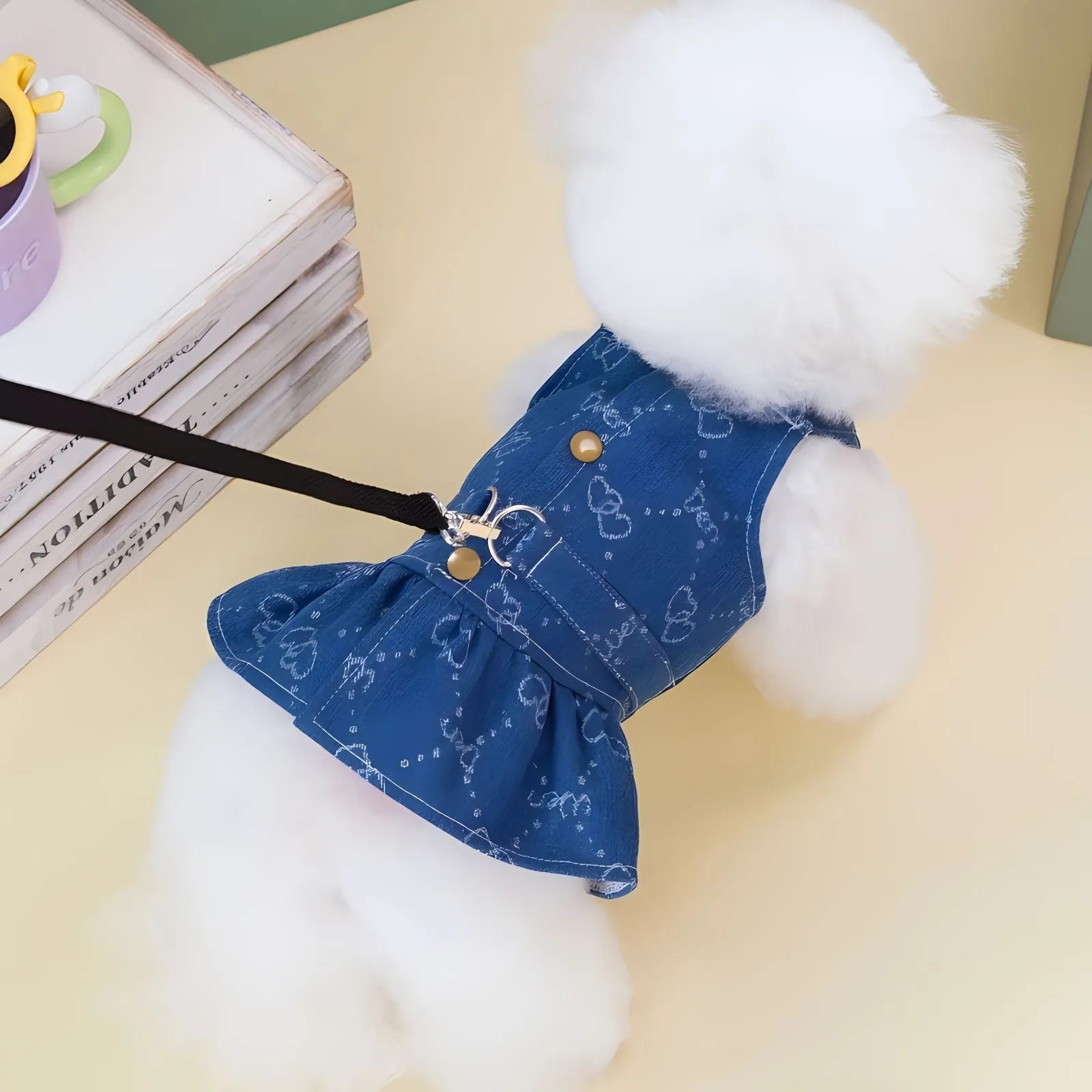 Denim princess dress for small dog with bracket skirt design in blue denim