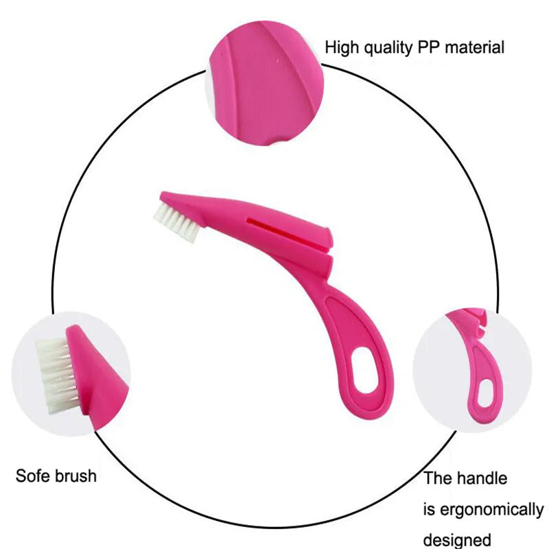 Red and white finger sleeve pet toothbrush with silicone bristles for cleaning dog and cat teeth.