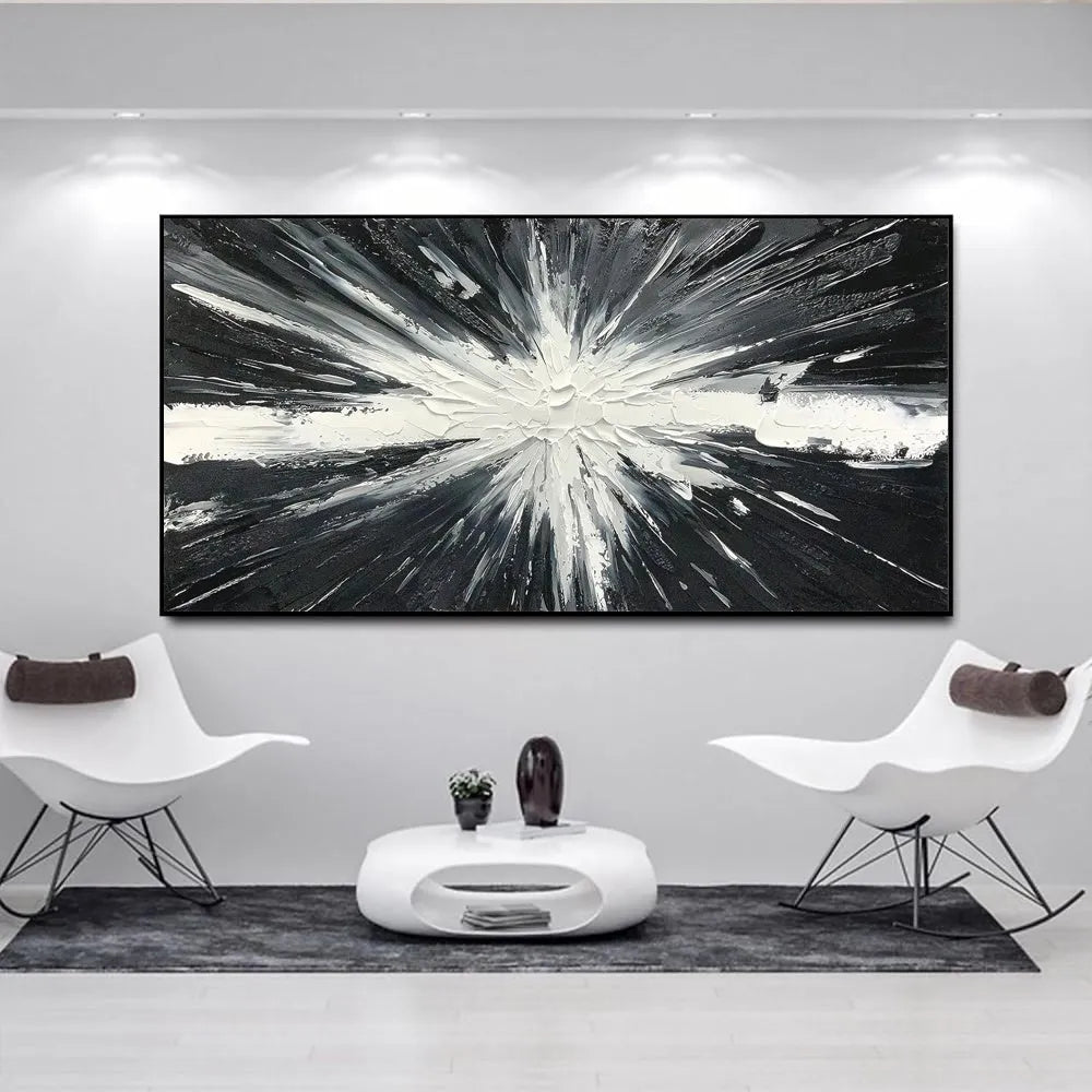 Abstract hand painted oil painting on canvas, black and white texture, horizontal orientation, for living room wall decor