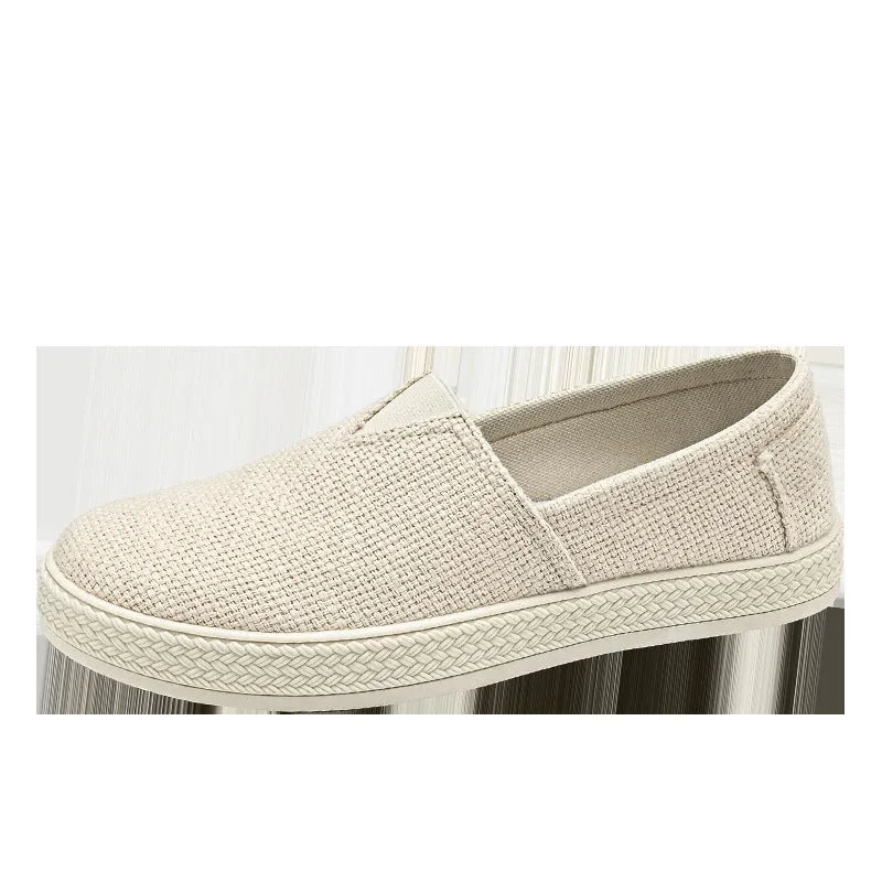 Men's beige linen cloth canvas shoes with round toe and visible stitching on PVC sole