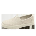 Men's beige linen cloth canvas shoes with round toe and visible stitching on PVC sole
