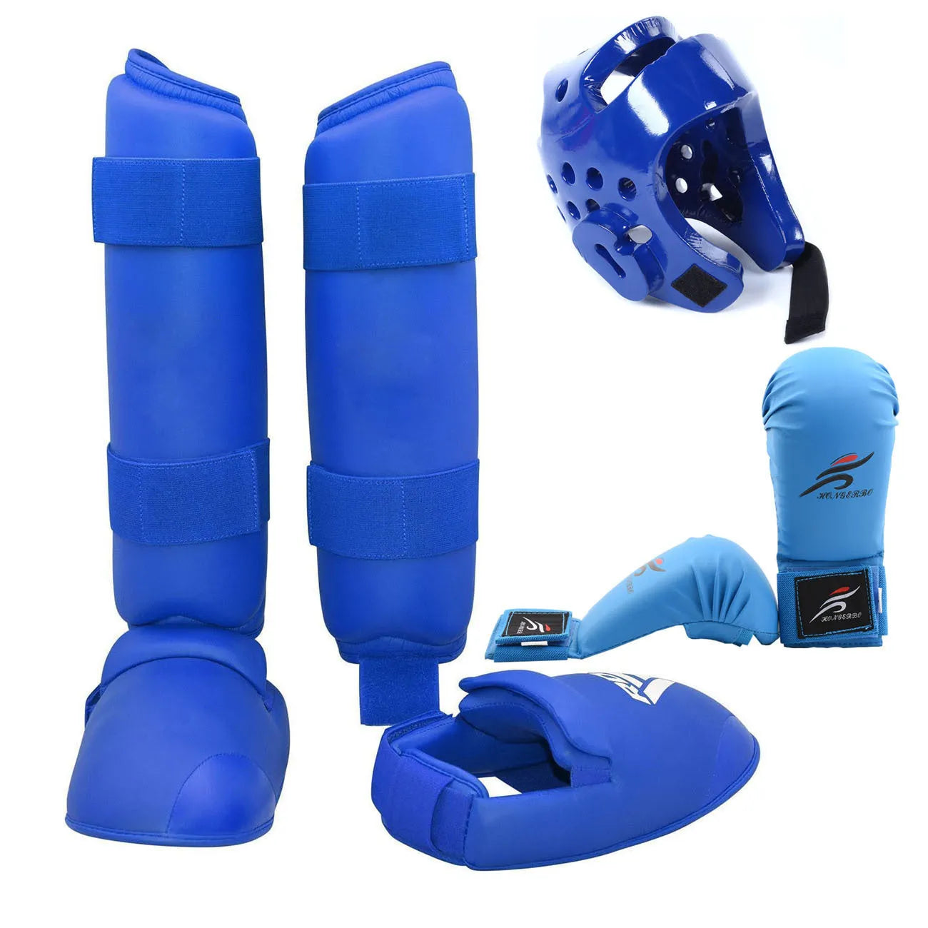 Red and blue karate taekwondo protective gear set with leg guards, boxing gloves, and helmet