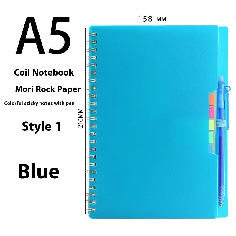 Erasable reusable coil notebook with rock stone paper, shown with a pen and cleaning cloth on a customisable cover.