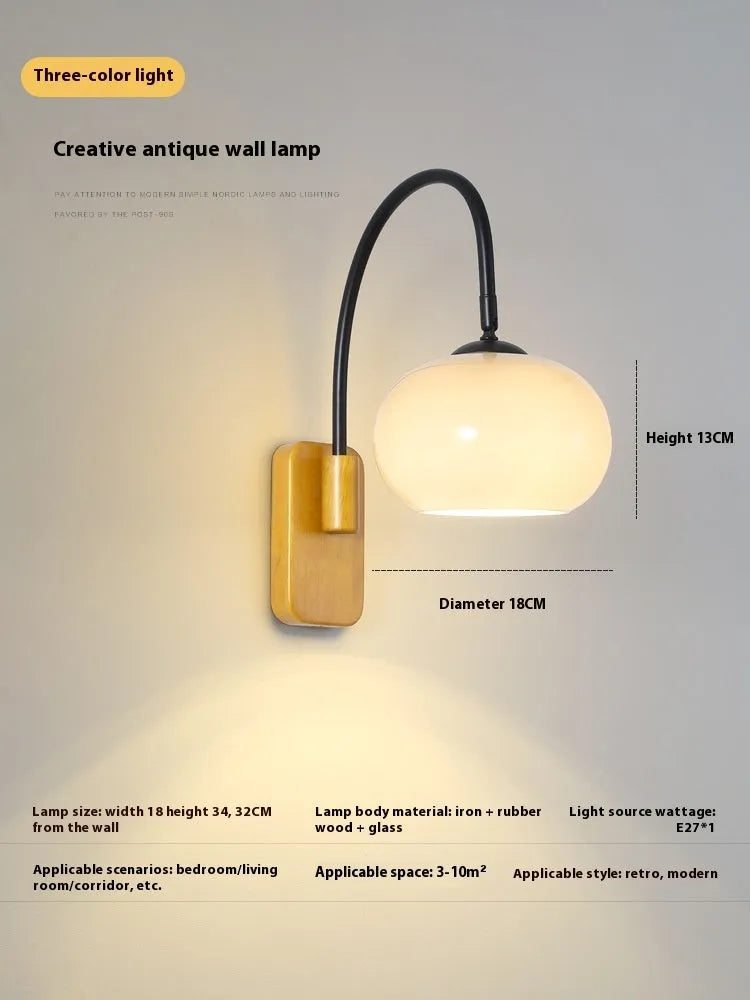 Creative retro glass wall LED lamp with walnut colour iron finish and milky white 32cm shade
