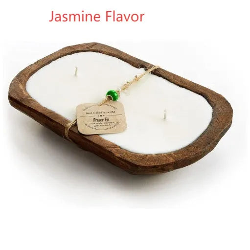 Retro wooden basin containing a soy wax aromatherapy candle with three wicks.