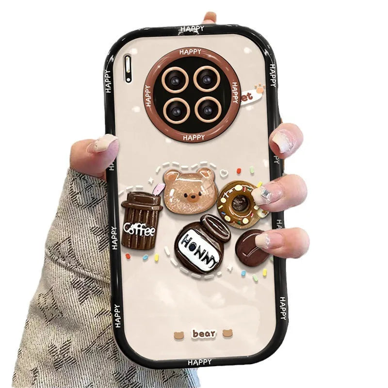 Silicone phone case with coffee bear doll pendant in cream colour for Apple iPhone models