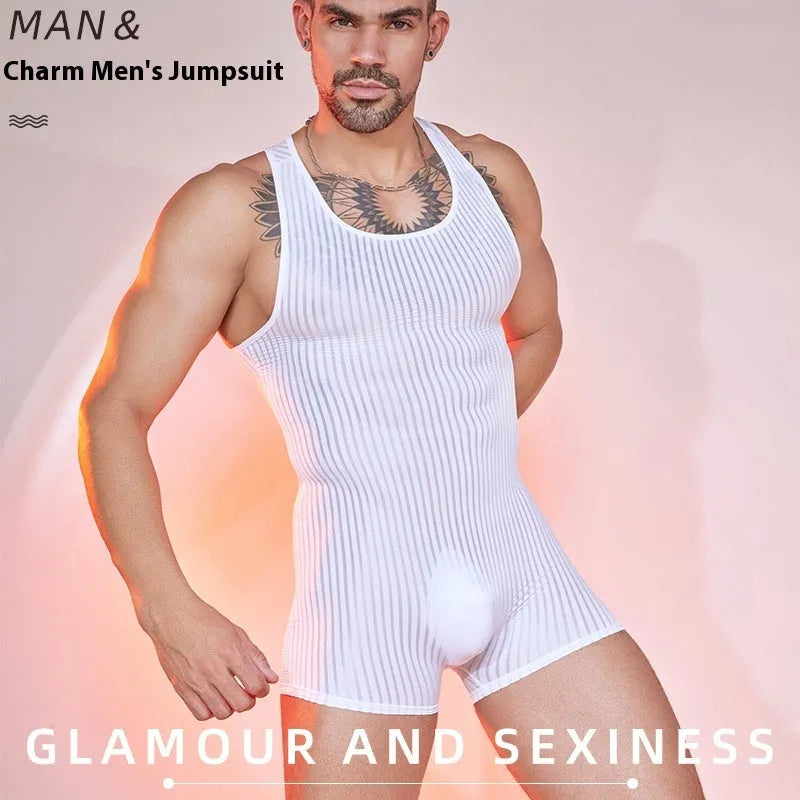 Men's striped jumpsuit in lightweight nylon fabric with vertical bar pattern