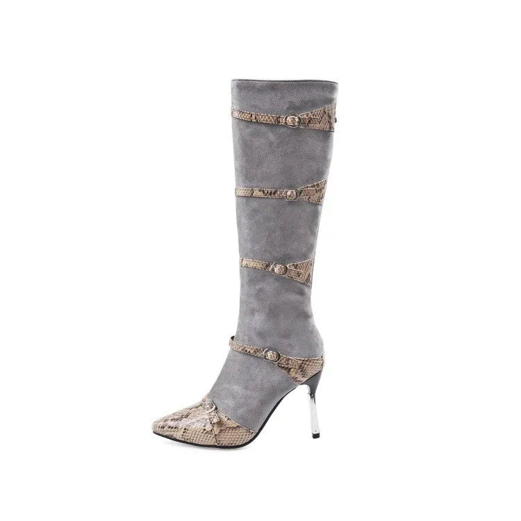 Grey and black women's knee-high boots with a thin 9cm high heel and velvet interior.