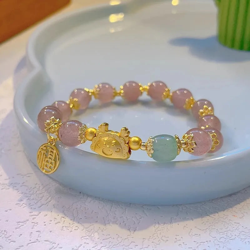 Women's floral glazed zodiac animal bracelet with glass beads in red, pink and white colours