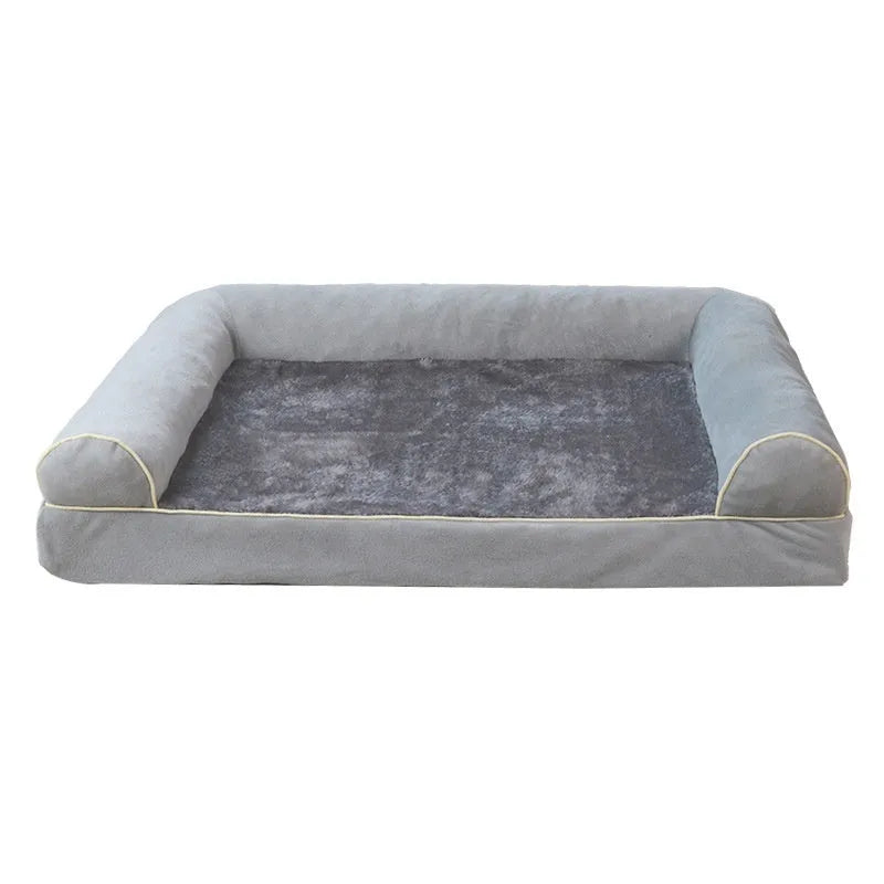 Square sponge dog bed in blue colour showing raised breathable design and cloth cover.