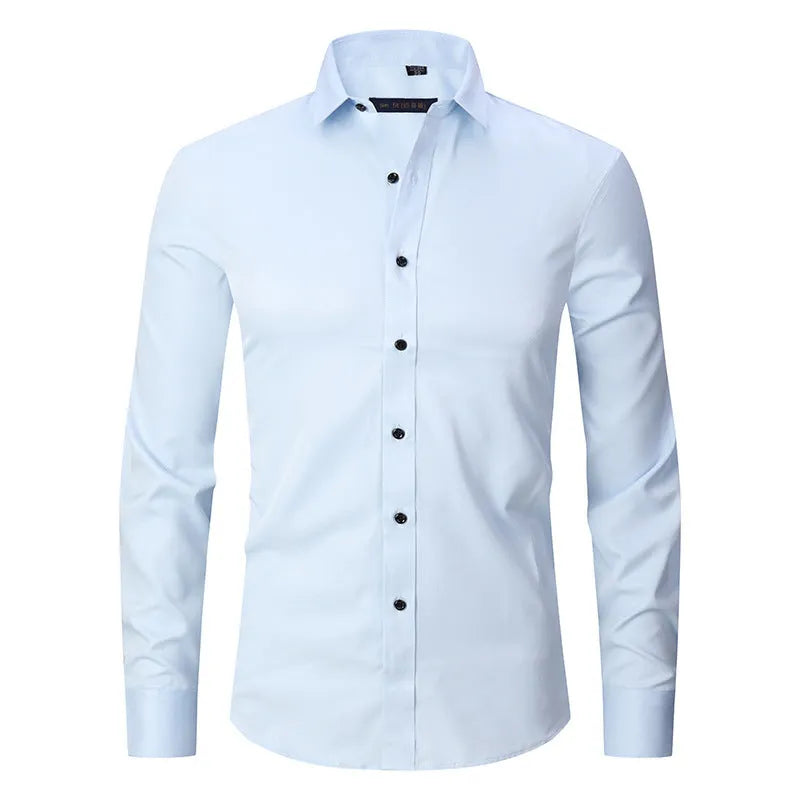 Men's stretch polyester long sleeve work shirt shown in a colour option, laid flat to show design.