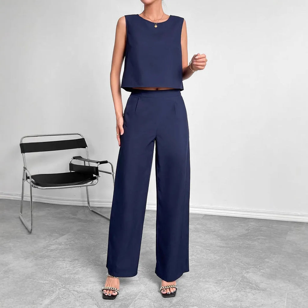 Women's red sleeveless top and wide leg trousers two-piece clothing set