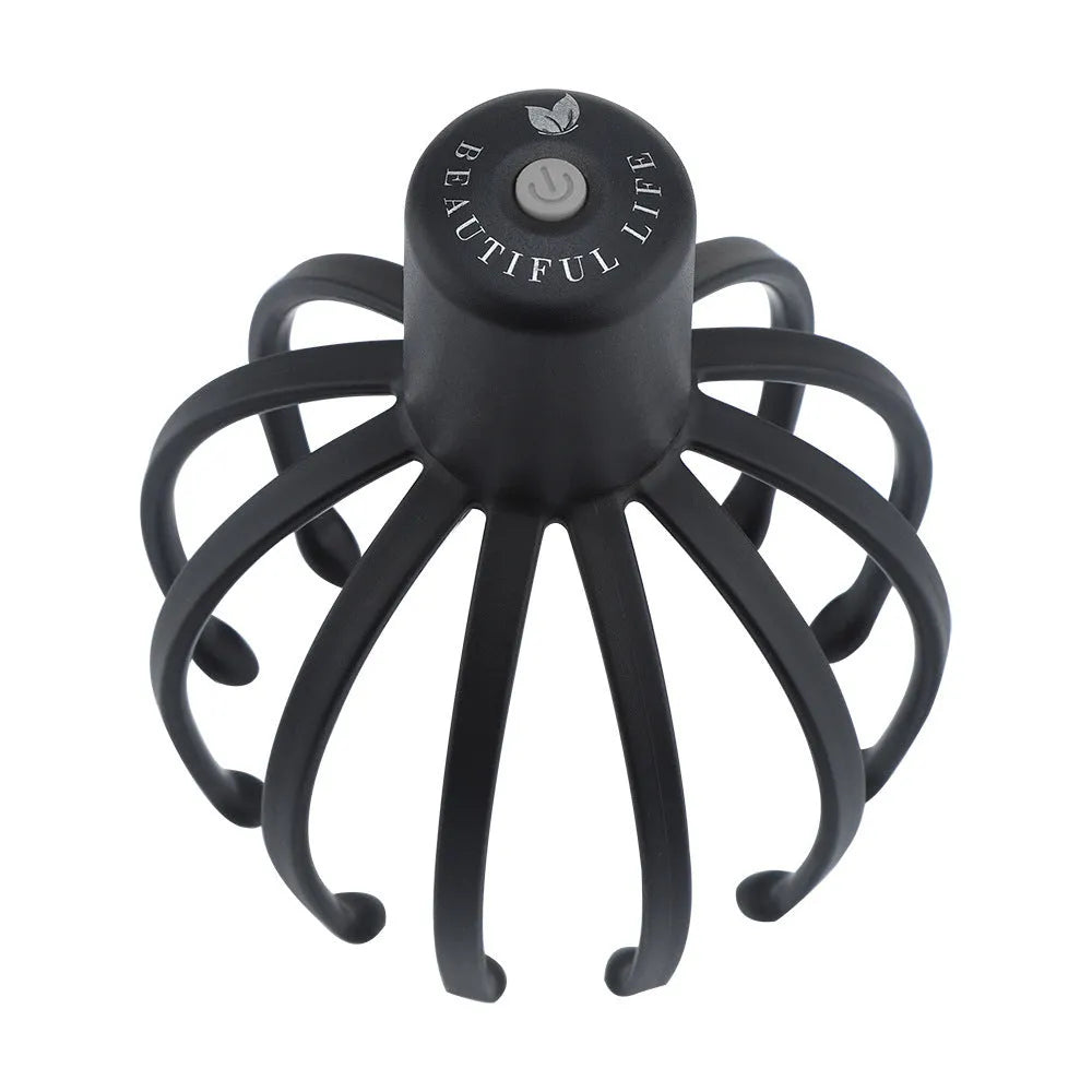 Black electric scalp massager with 12 TPE flexible massage arms and USB charging cable on white background