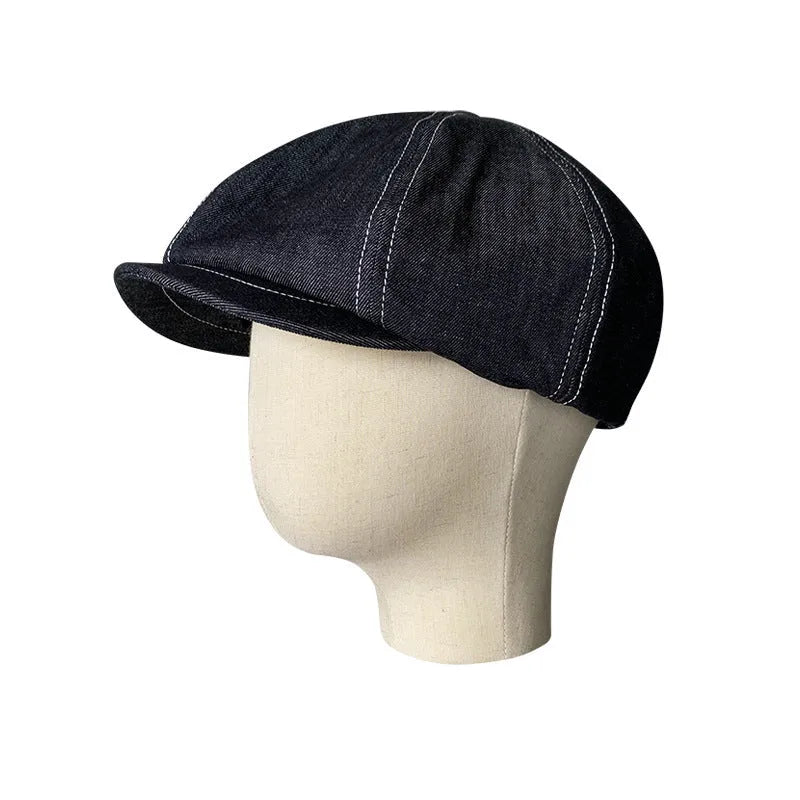 Black Japanese denim fabric beret hat shown on model, retro style unisex headwear