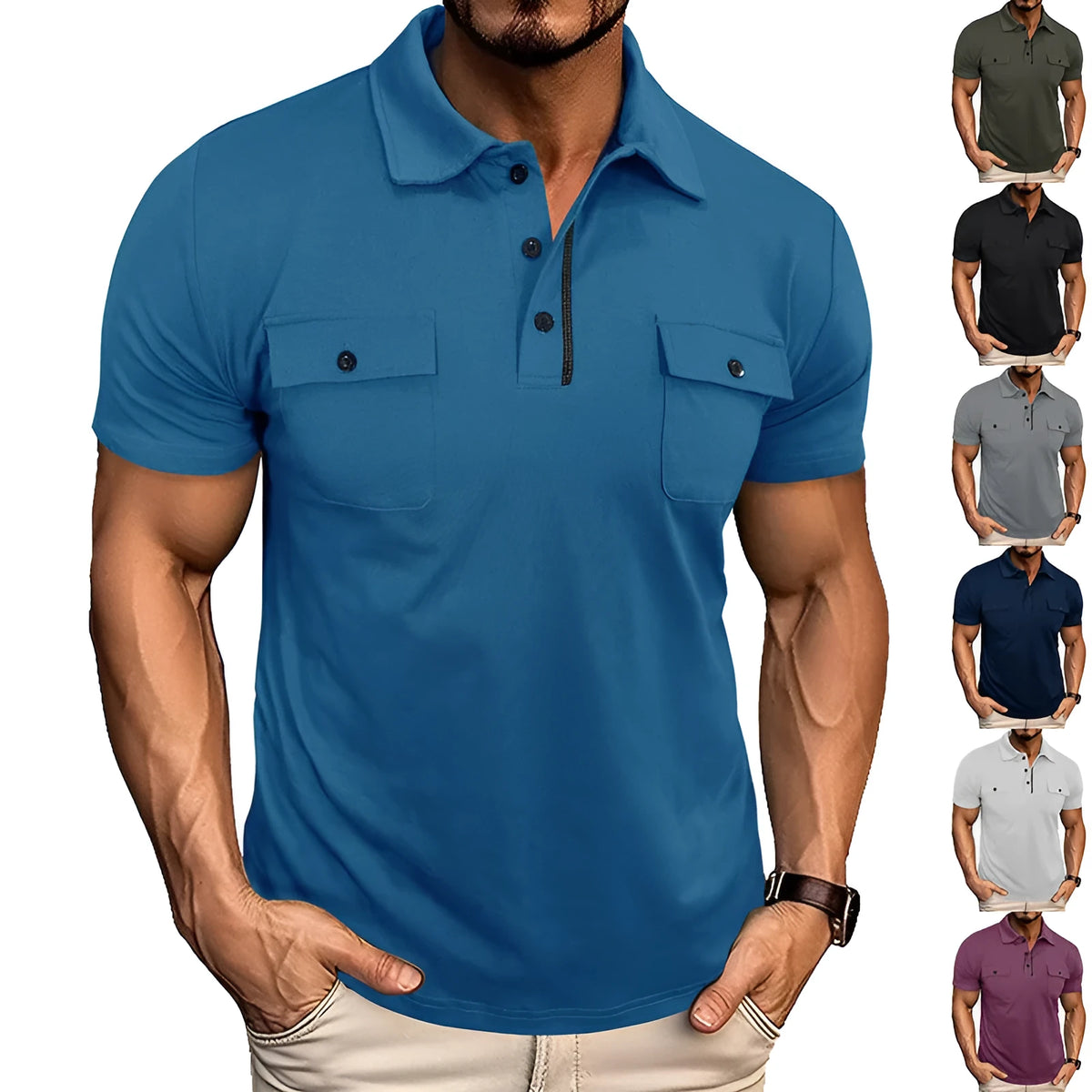 Men's summer lapel button polo shirt with pockets, short sleeves, cotton blend, loose fit, eight colour options