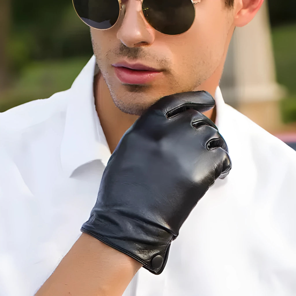 Black leather motorcycle riding gloves touch version unlined size L