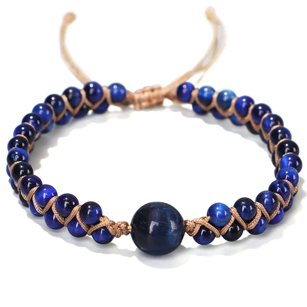 Handmade woven geometric pull bracelet in blue Tigereye or Amethyst stone beads for casual unisex wear.
