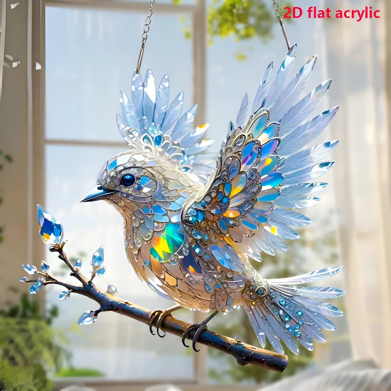 Cartoon-style bird pendant ornament made of acrylic with UV printing, shown in 15cm and 20cm sizes.