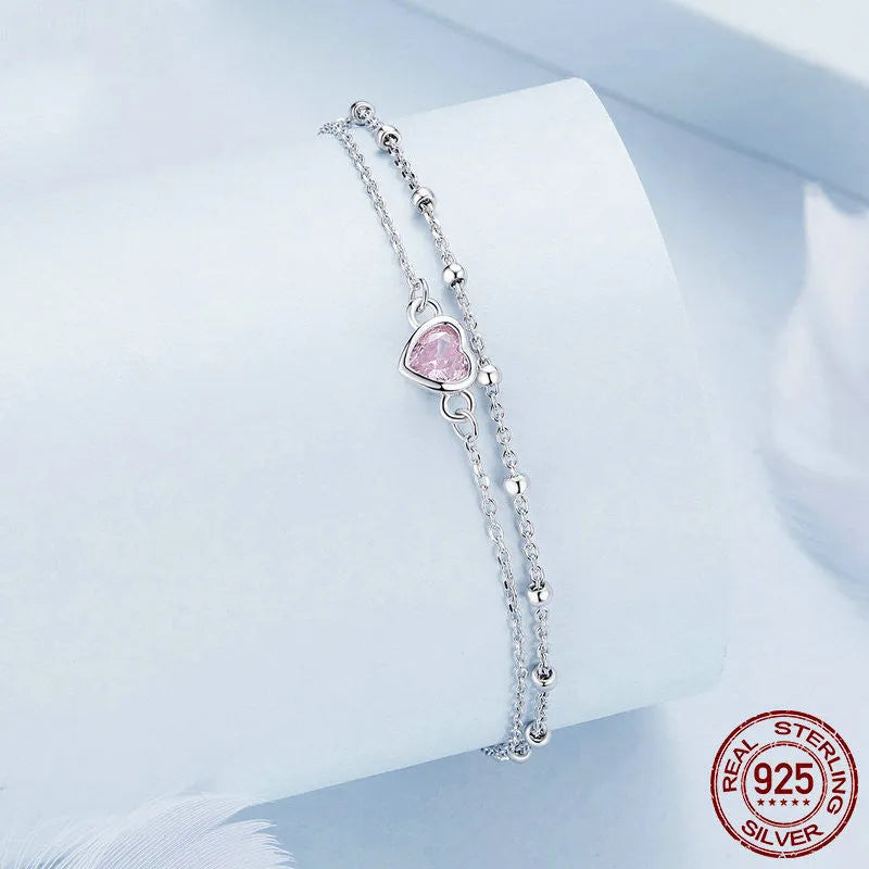 Women's 925 sterling silver heart bracelet with 150+60mm chain and 6mm pendant