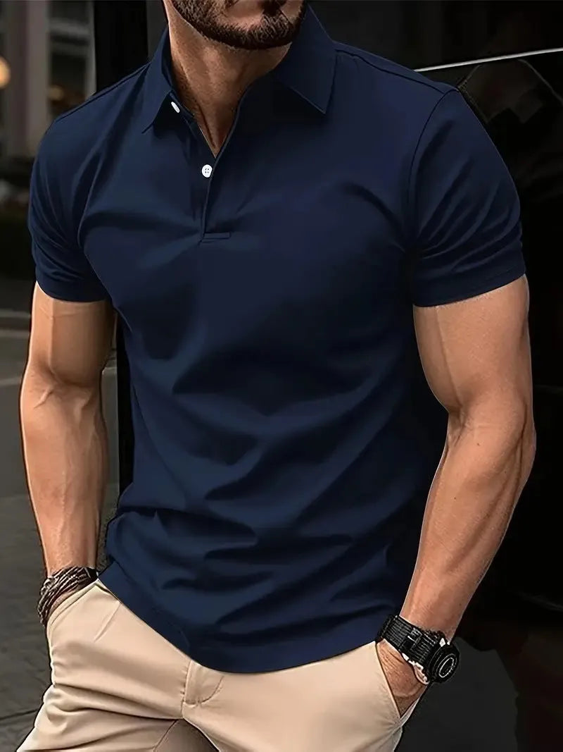 Man wearing a slim-fit solid colour short sleeve button-up casual shirt in a cotton blend fabric.