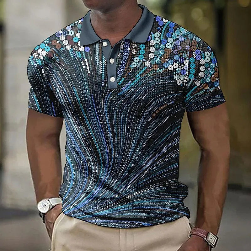 Men's asymmetric short sleeve shirt with striped and geometric printed pattern in a lightweight cotton blend fabric.