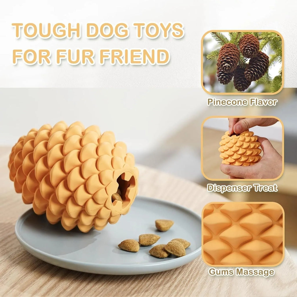 Natural rubber pine cone shaped dog toy with treat dispenser for medium and large dogs