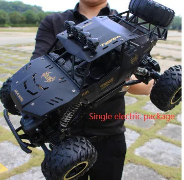 Large black 4WD remote control climbing car and smaller silver high-speed model with 2.4G remote.