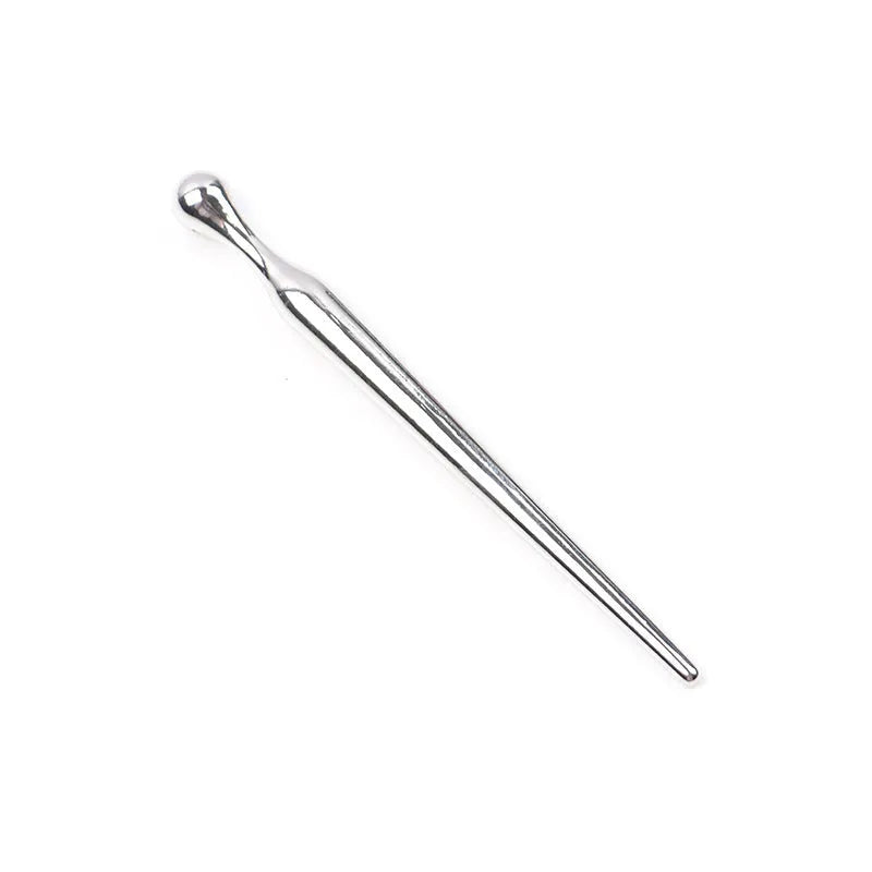 Silver metal urethral stimulation plug stick with round beads and a horse eye end design.