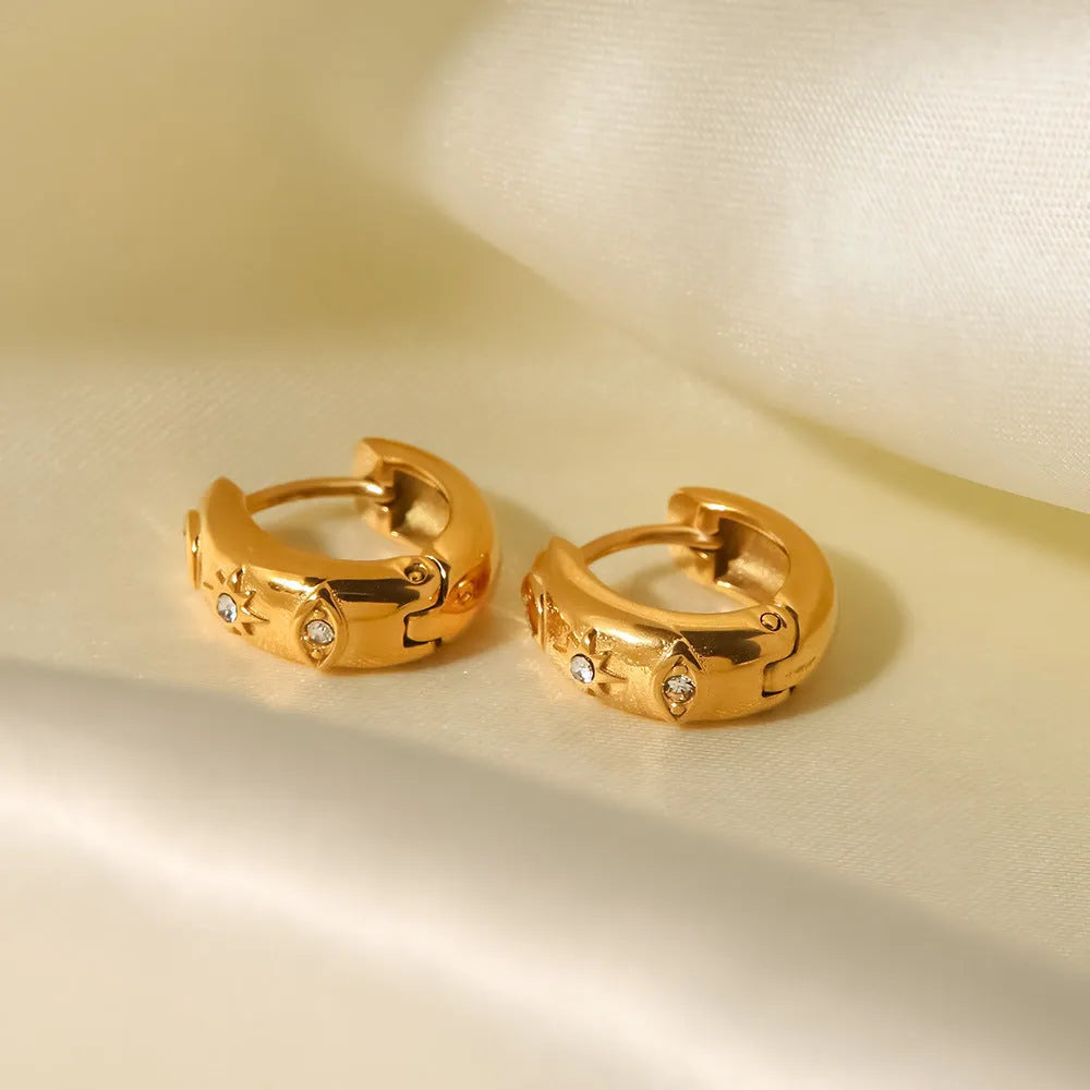 18K gold-plated stainless steel hoop earrings with devil's eye and cubic zirconia diamond inlay, geometric note shape
