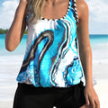 Blue tie-dyed floral pattern women's swimsuit with high-slit leg design in sizes 1XL to 5XL