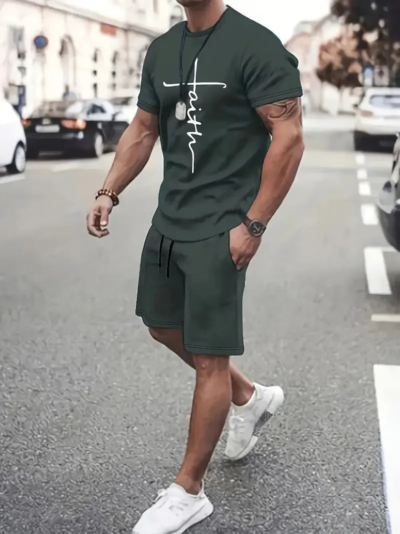 Casual sports suit round neck short sleeve 3D digital print two-piece set polyester fibre summer