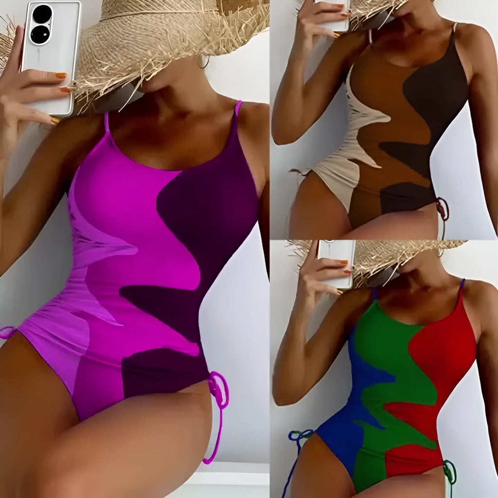 Women's blue sleeveless backless one-piece swimsuit with striped pattern on a mannequin