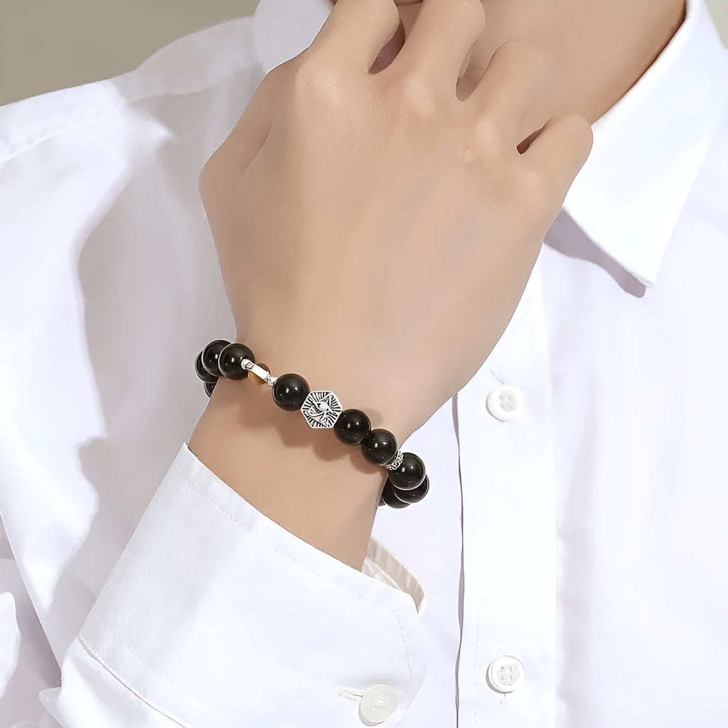 Men's retro sterling silver bracelet with God's Eye obsidian stone in geometric 8mm setting