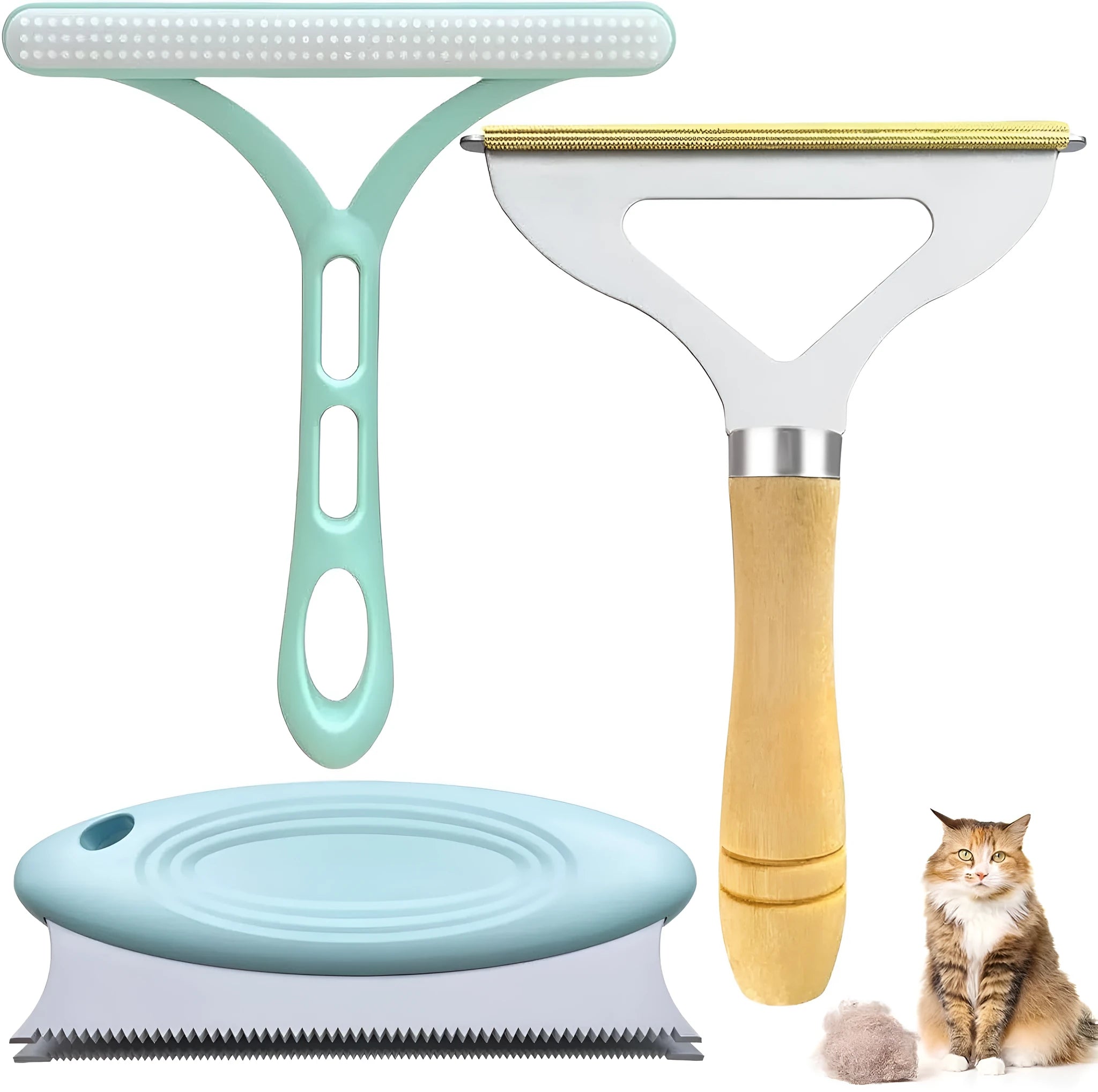 Green three-piece pet hair remover set with metal, silicone, and round cleaning tools on a fabric background.