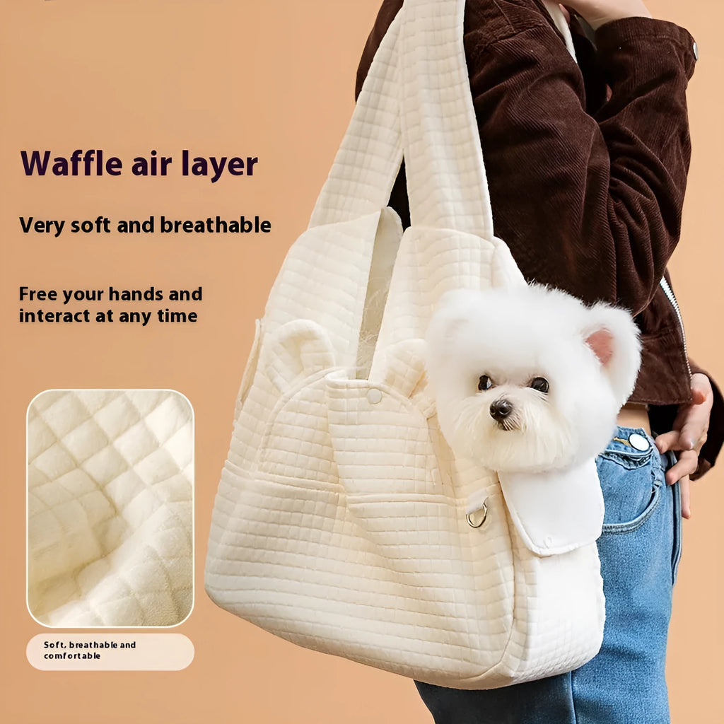 Grey quilted cross chest pet backpack for dogs and cats with square plaid pattern