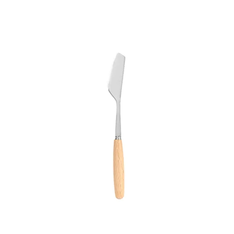 Green waxed canvas tableware storage bag containing wooden handle knives, forks, spoons, and chopsticks for outdoor use.
